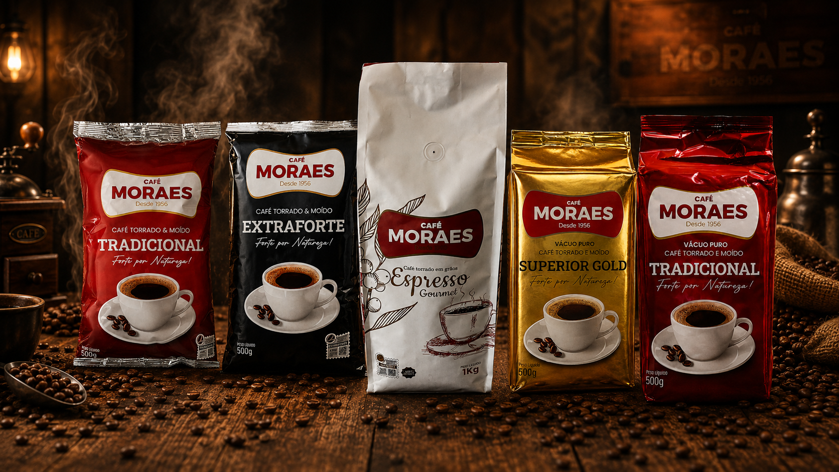 Linha completa Café Moraes: Tradicional, Extraforte, Espresso Gourmet e Superior Gold