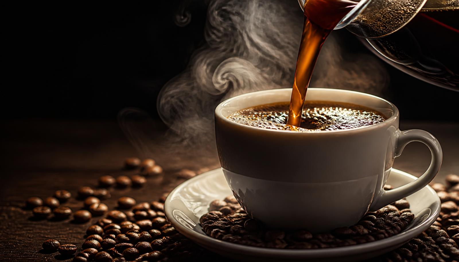 Café Moraes sendo servido em uma xícara com grãos de café ao fundo