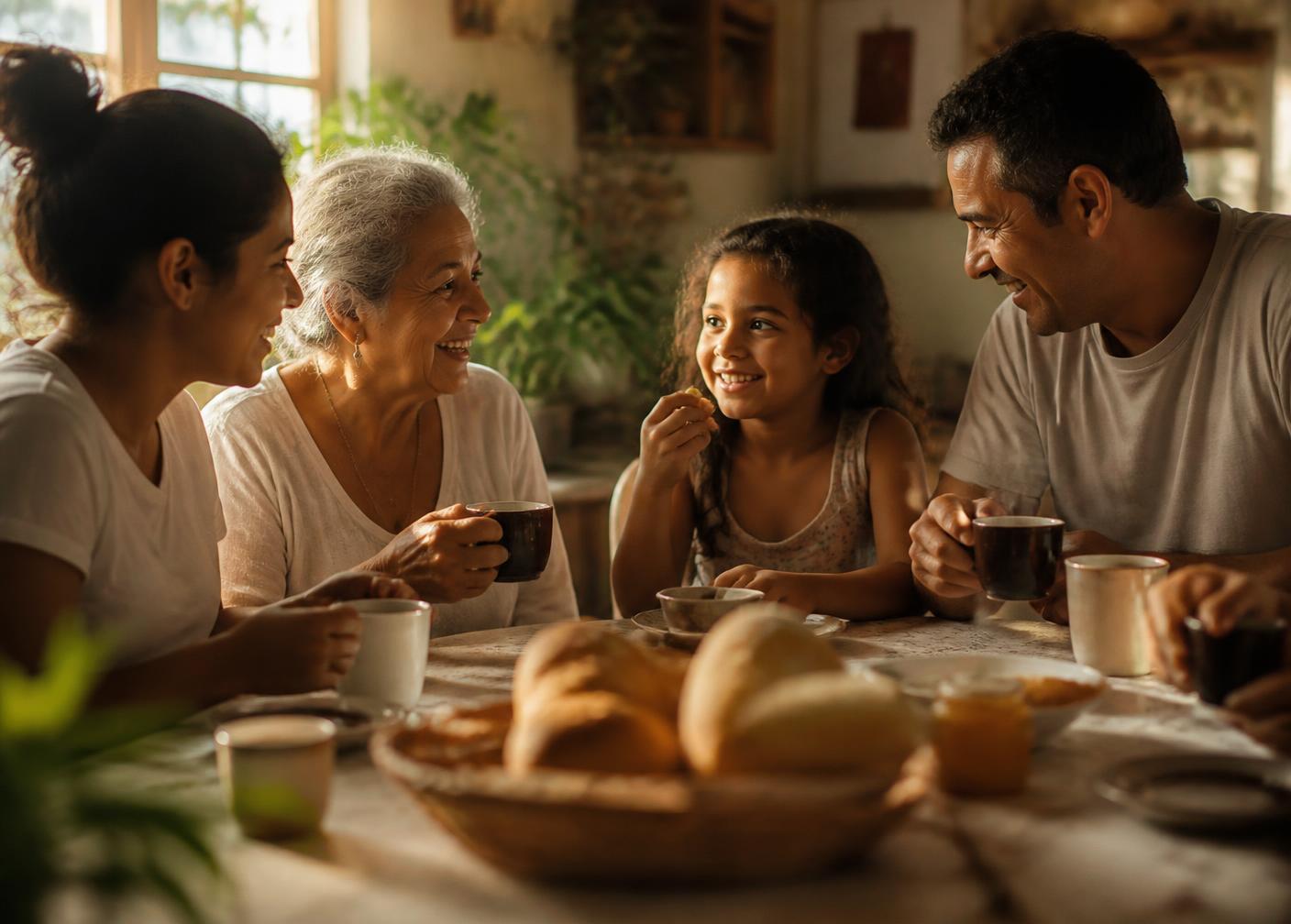 Família brasileira tomando café juntos pela manhã
