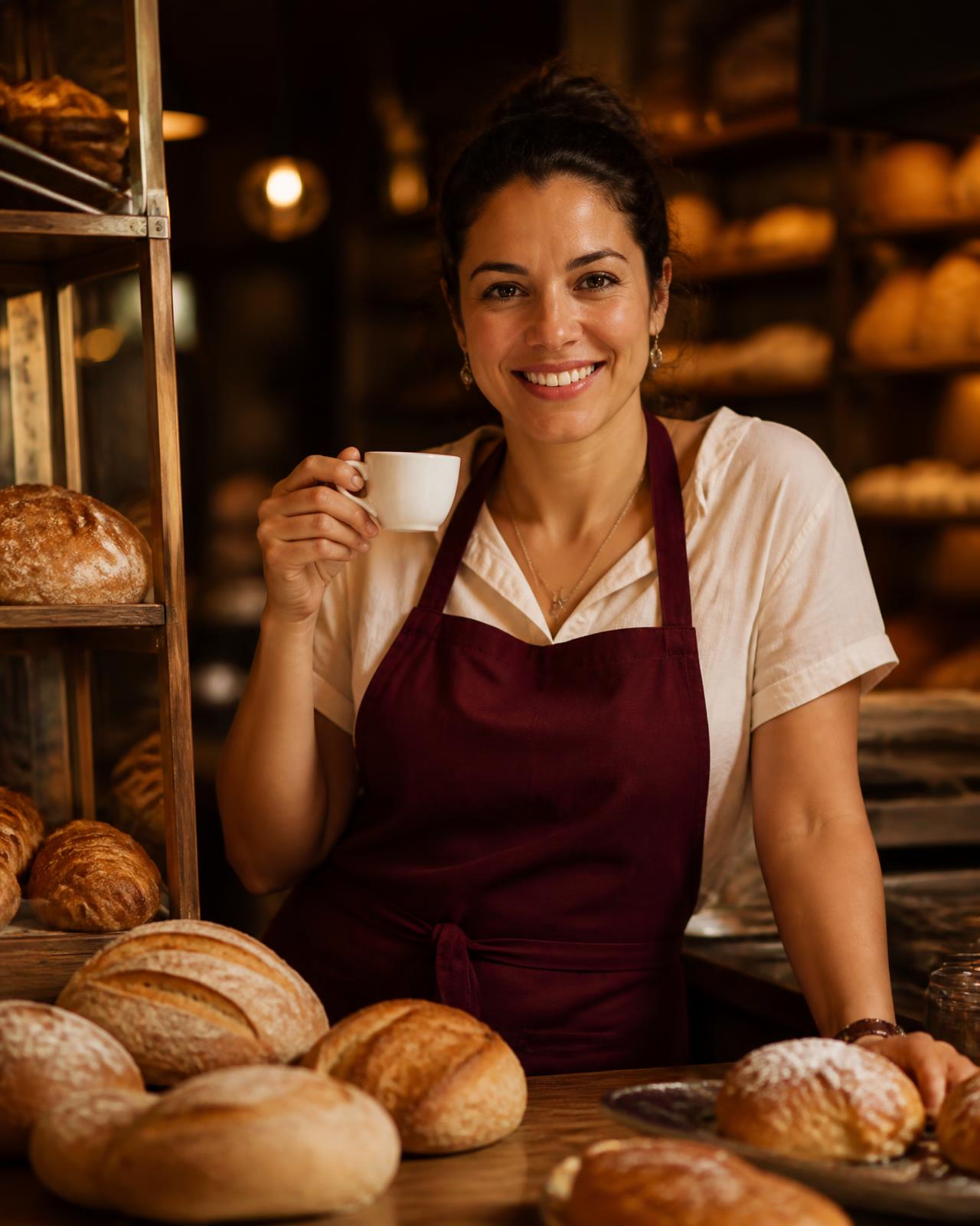 Comerciante brasileira em sua padaria servindo café